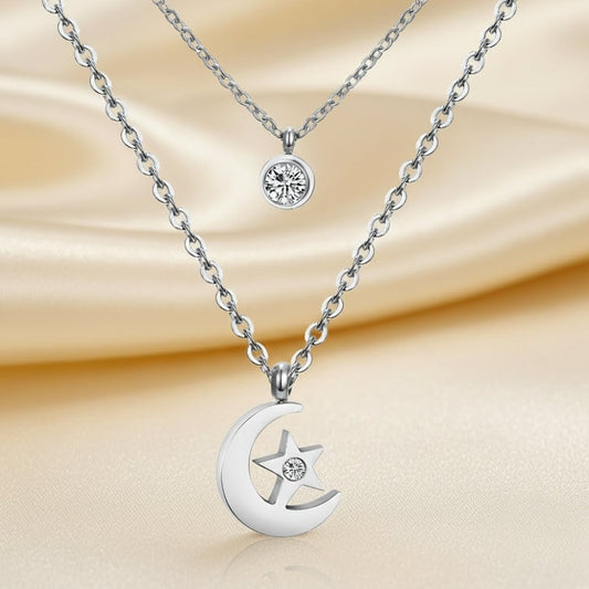 CZ Moon & Star Double layer Necklace