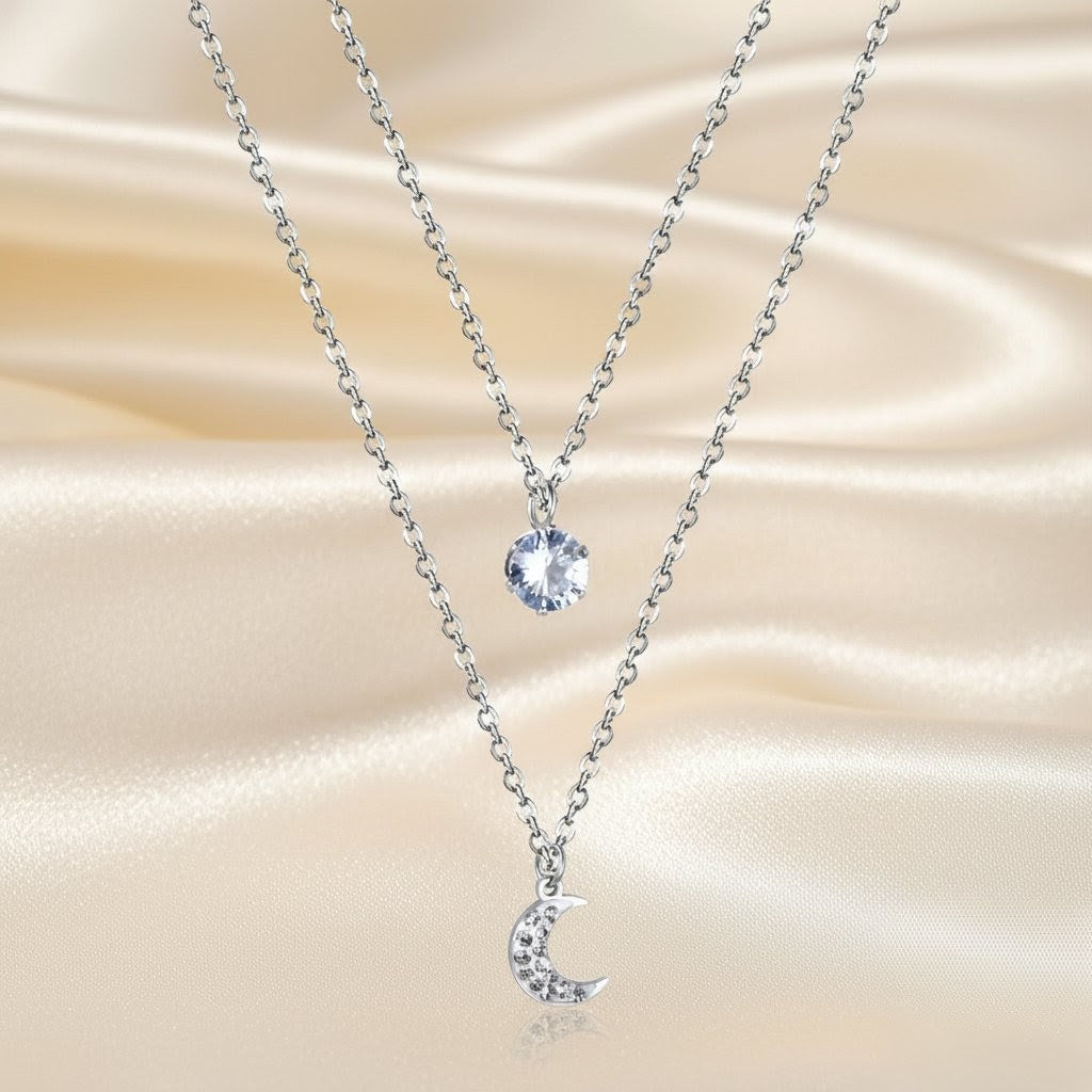 Moon & CZ Double Necklace