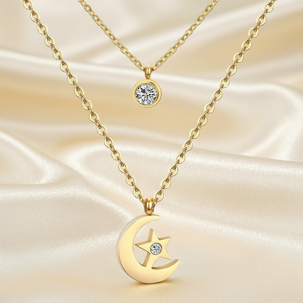 CZ Moon & Star Double layer Necklace