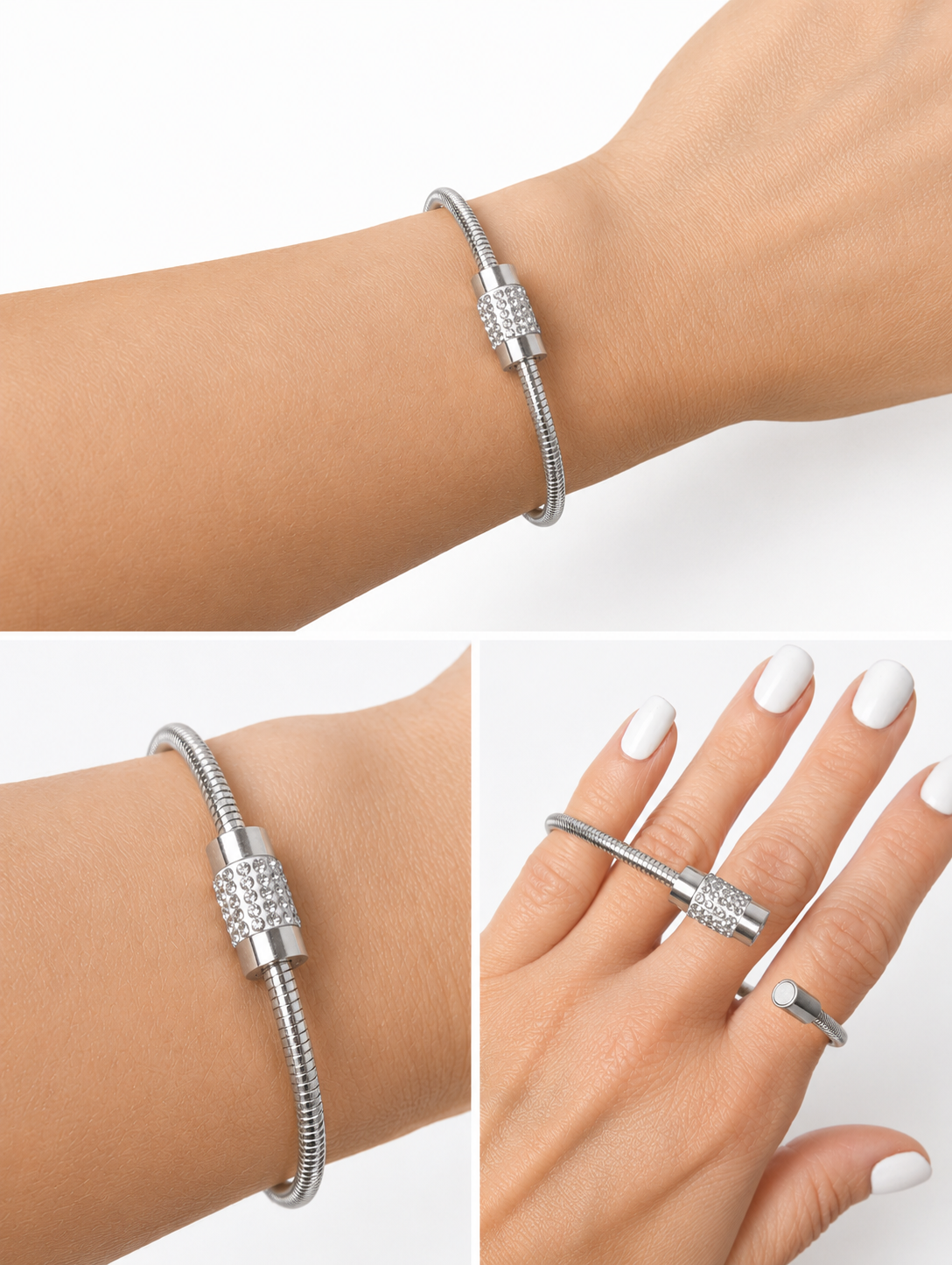 316L Stainless Steel Magnetic Clasp Snake Chain Bracelet with CZ Stones – Elegant Minimalist Jewellery
