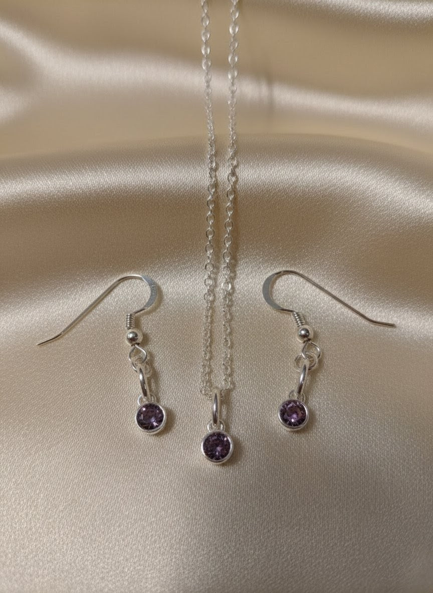 925 Sterling Silver Birthday CZ Necklace & Earring Set